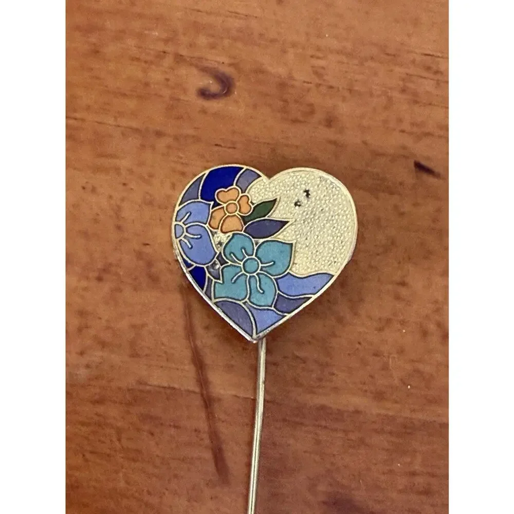 Vintage Cloisonné Floral Heart Stick Pin Gold Tone Blue Orange Enamel Lapel Hat